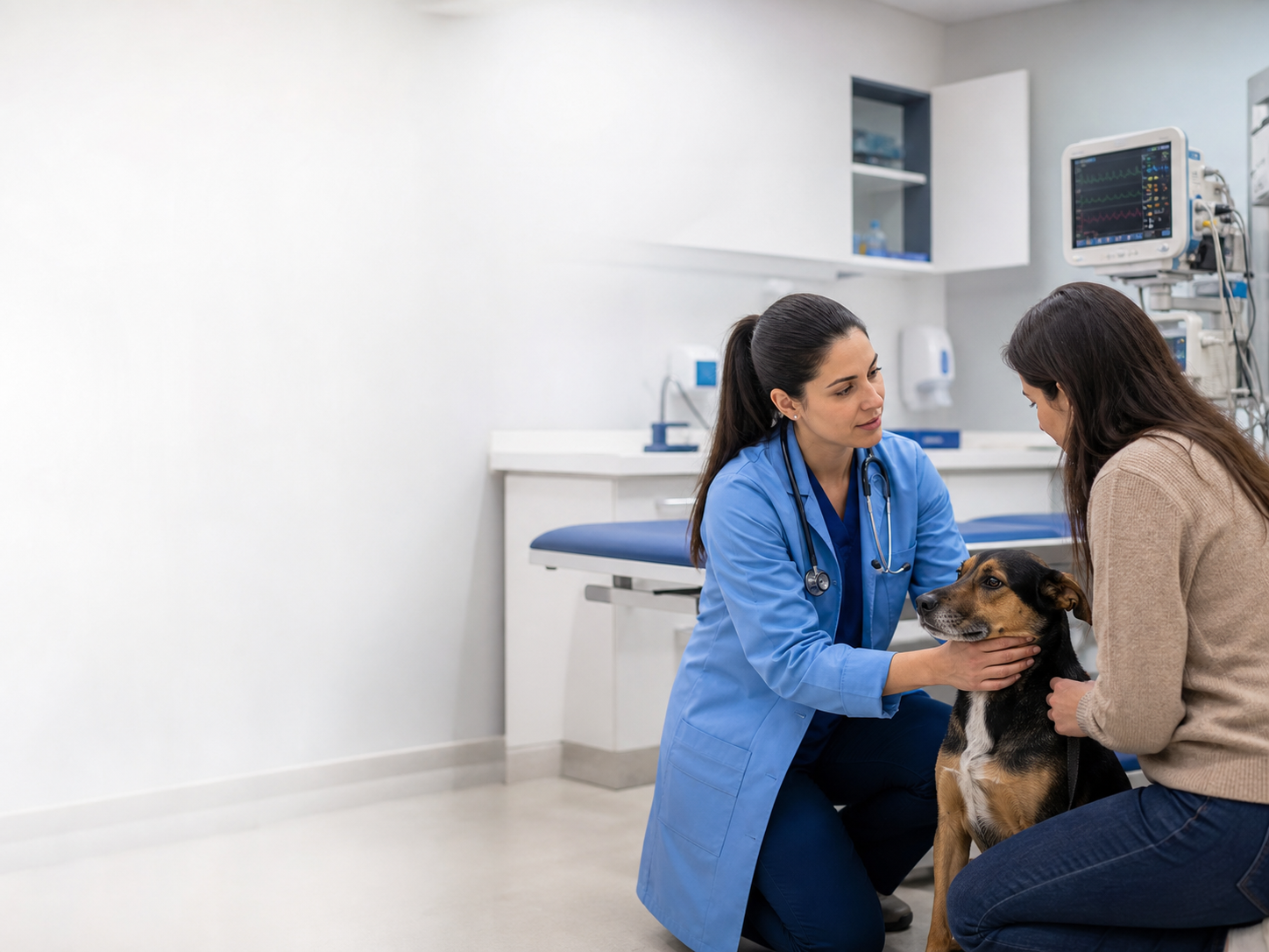 Emergência veterinária com médica, tutora e cão