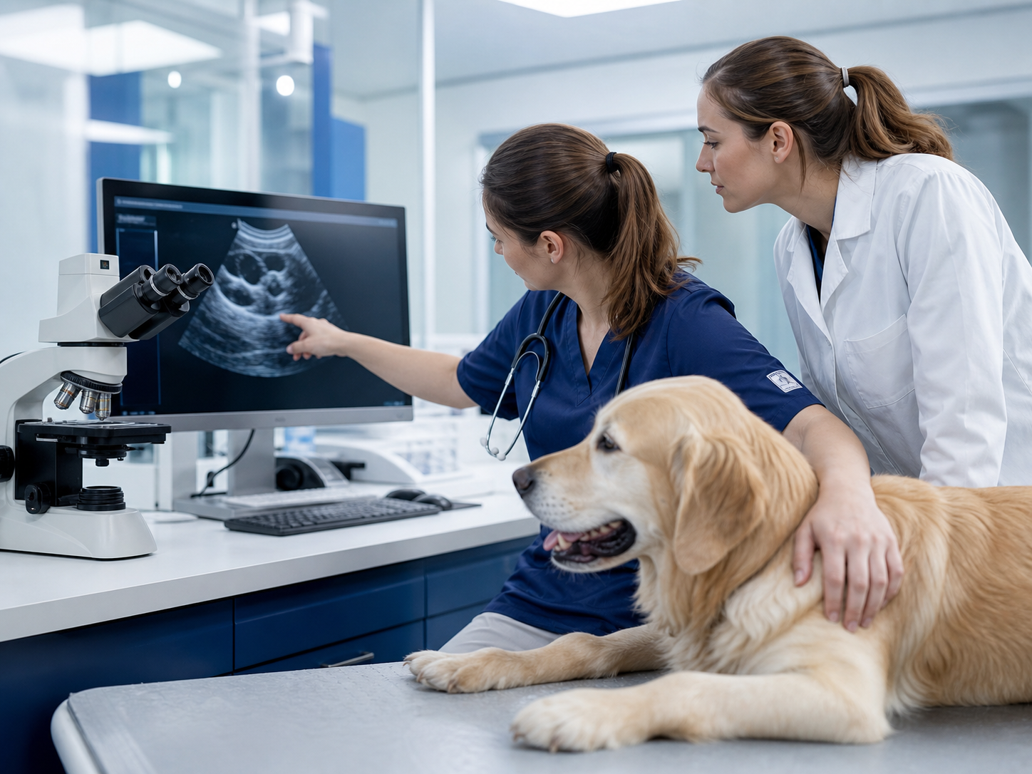 Equipe veterinária avaliando exame de imagem em hospital