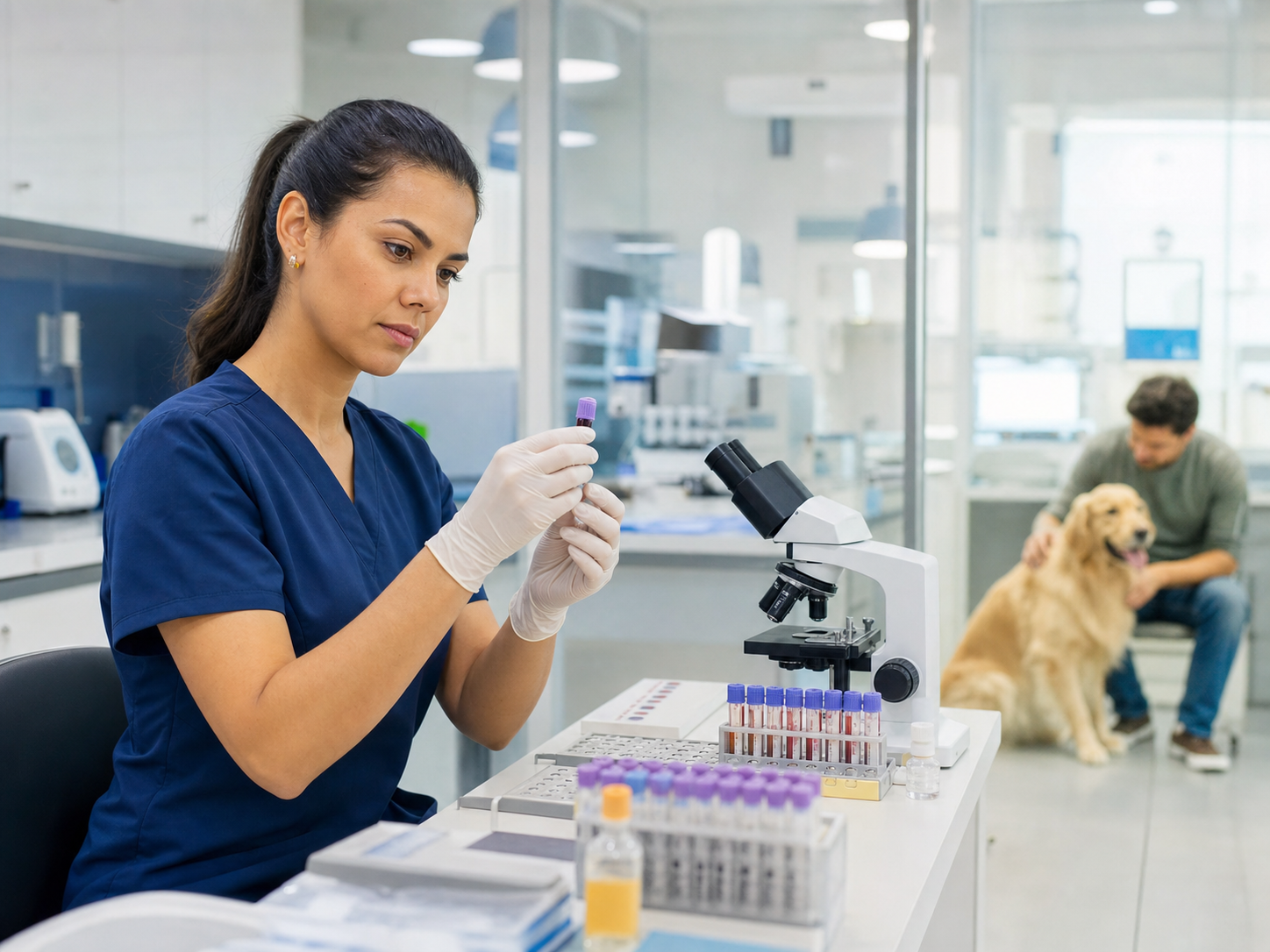 Médica veterinária analisando amostra em laboratório veterinário