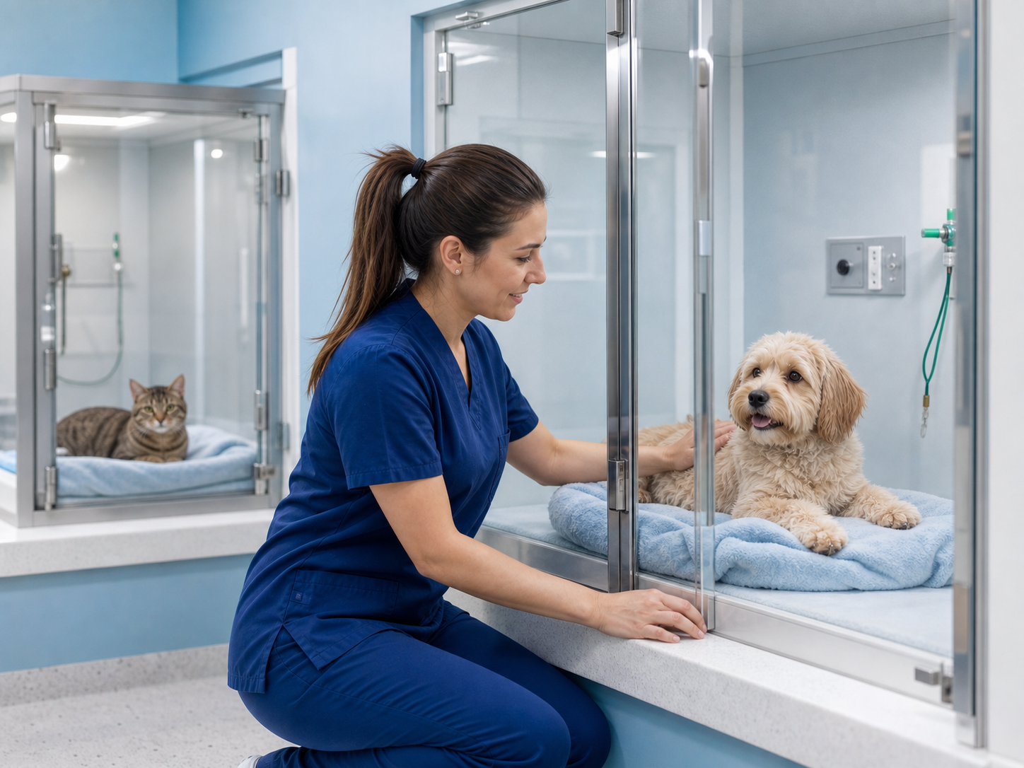 Veterinária acompanhando cão e gato em internação hospitalar