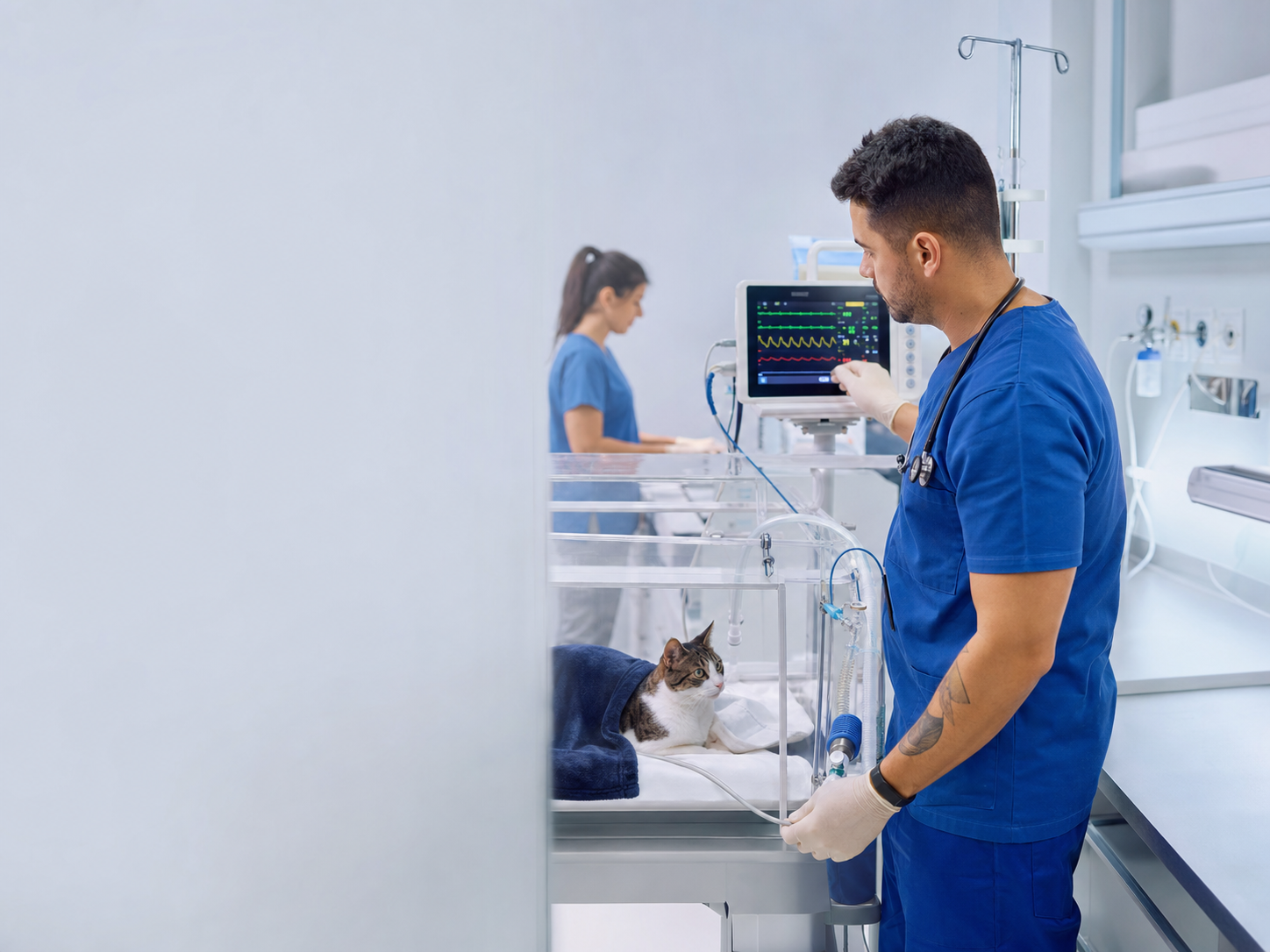UTI veterinária com profissional monitorando gato