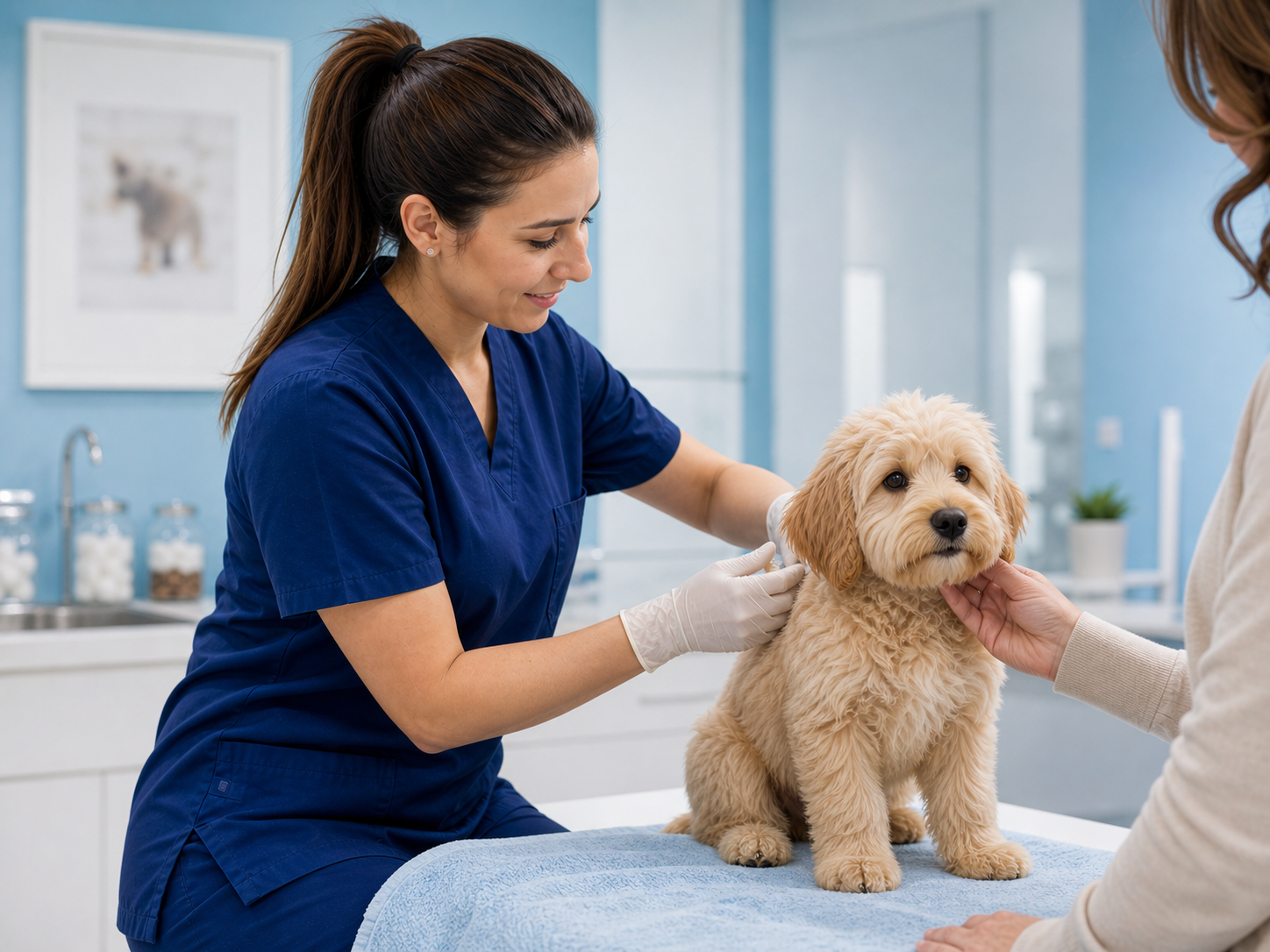 Veterinária preparando filhote para vacinação