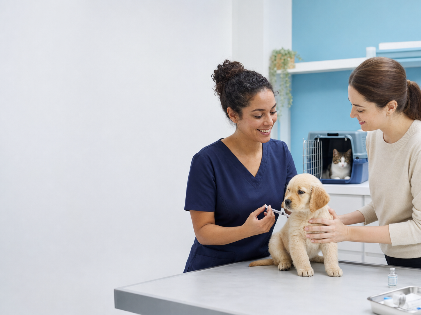 Vacinação veterinária para cães e gatos com filhote e tutora